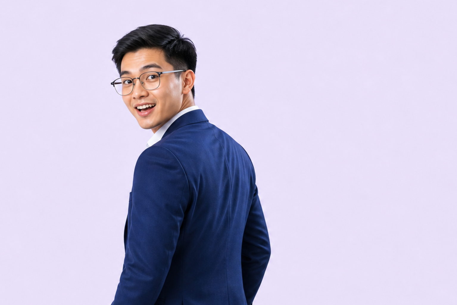 Malaysian AI automation software engineer in a suit looking back on a light purple background
