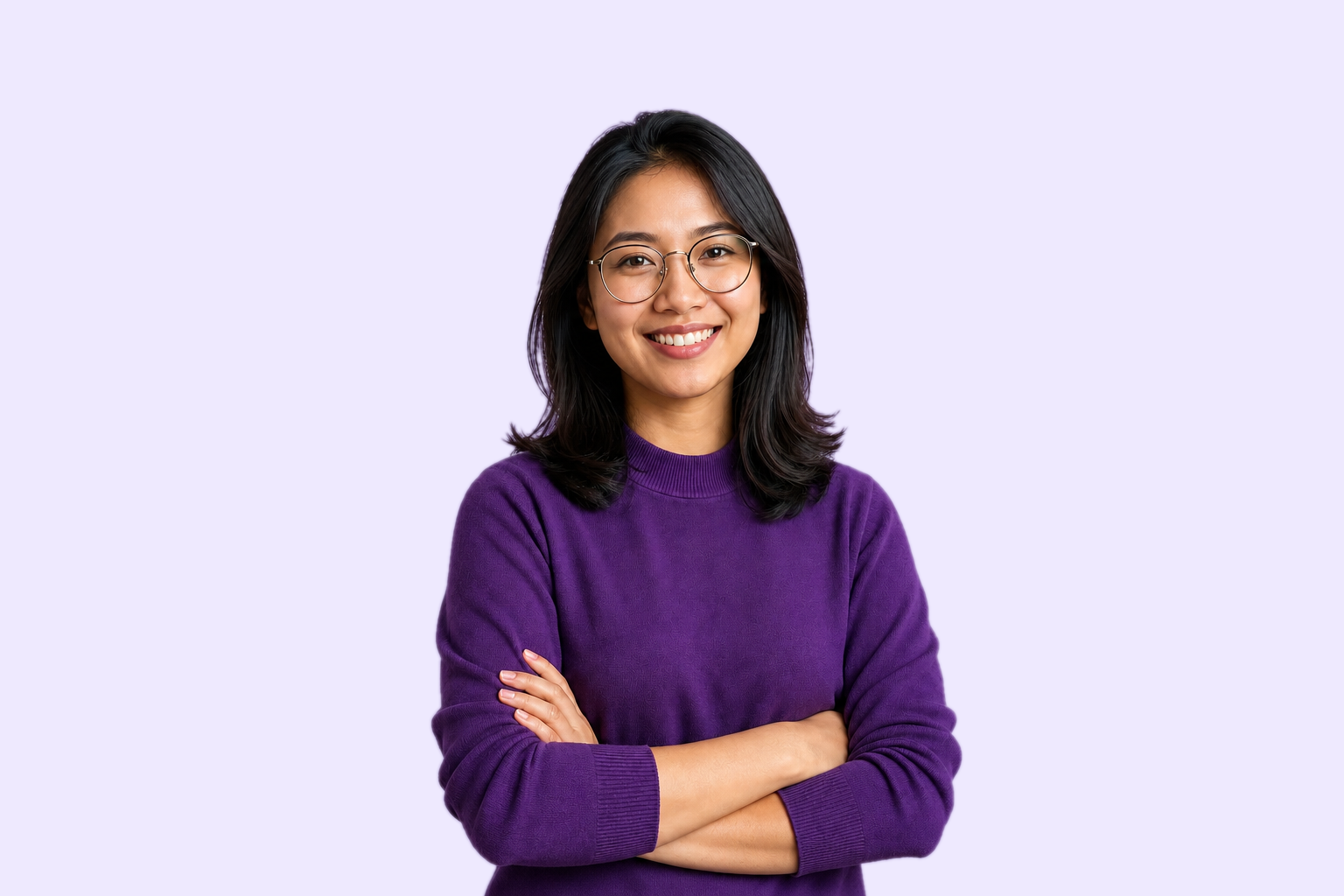 Malaysian female developer portrait on a purple background